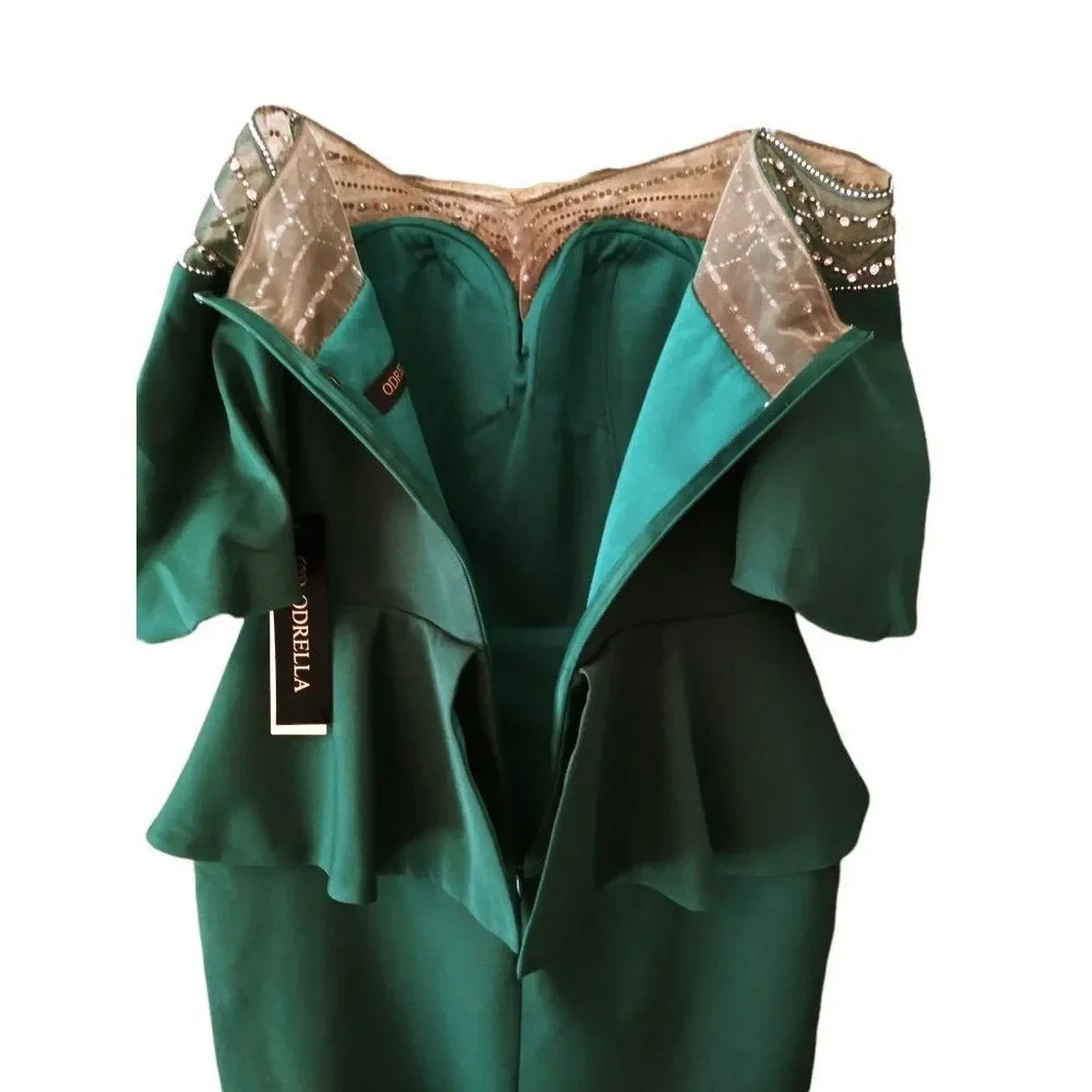 Odrella‎ Rhinestone Mesh Peplum Puffer Sleeve Dress UK 12/ US 10 Women's